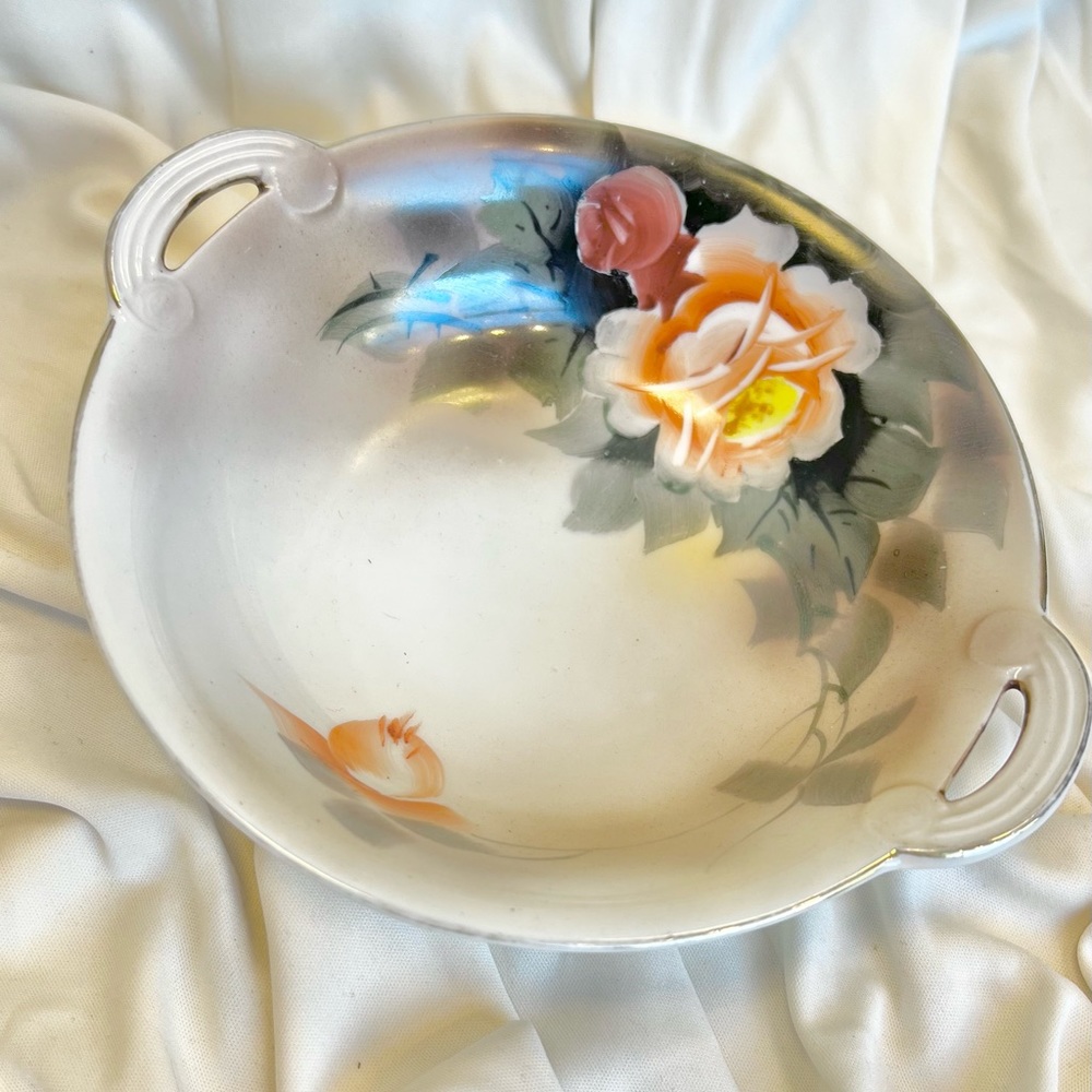 Antique Noritake Orange and Tan Handpainted Floral Bowl with Small Handles
